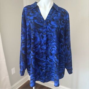 Catherine’s Maggie Barnes Button Up Abstract Pattern Blue Black Tunic Blouse 2X